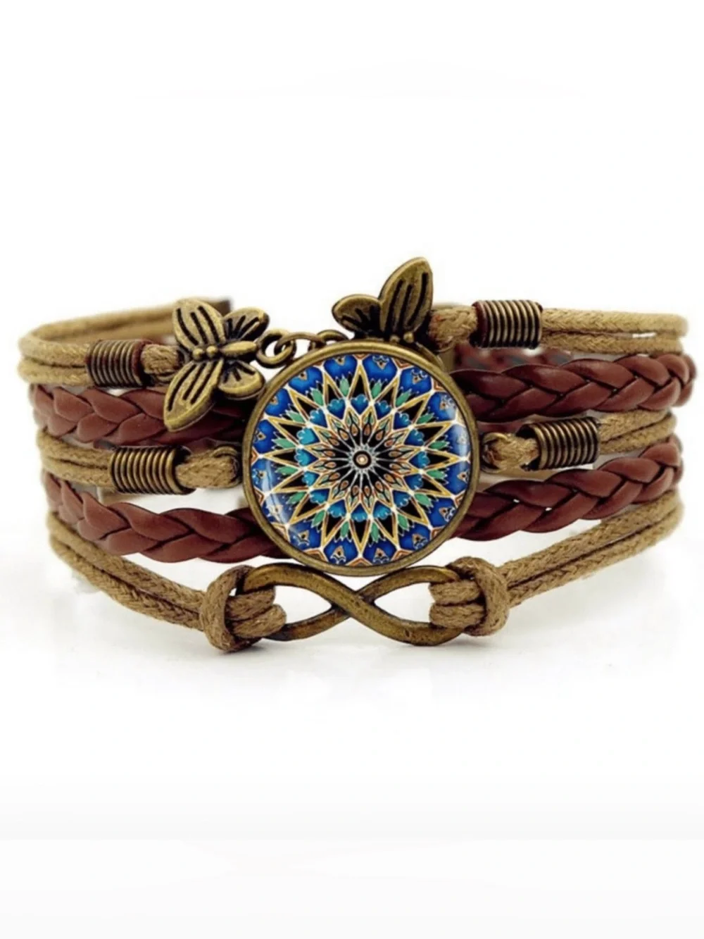 Boho Brown Leather Multi-Strand Bracelet with Blue Mandala Accent